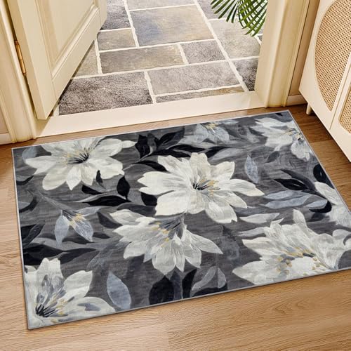 Generisch Rutschfester Teppich Weiße Blumen neutraler,weicher,dünner,großer Teppich,für Schlafzimmer,Wohnzimmer,Badezimmer unter dem Esstisch,Heimbüro-Dekor(Schwarz Weiß)-210x300cm