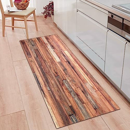 Generisch Rutschfester Küchenläufer 60x180 cm Kreativer Teppich mit Holzmaserung Waschbarer Flurläufer für Eingang Küche & Haushalt Weiche Kinderkrabbelmatte mit Streifenmuster Polyester Bodenmatte
