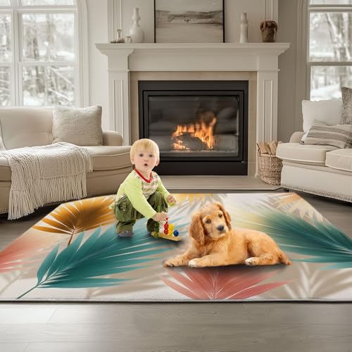 Generisch Teppich Wohnzimmer 160 x 230 cm rutschfest Kurzflor Moderner Luxus Waschbar Bettvorleger Teppiche Abstrakte Palmenblätter für Wohnzimmer Schlafzimmer Büro Bereich Dekor