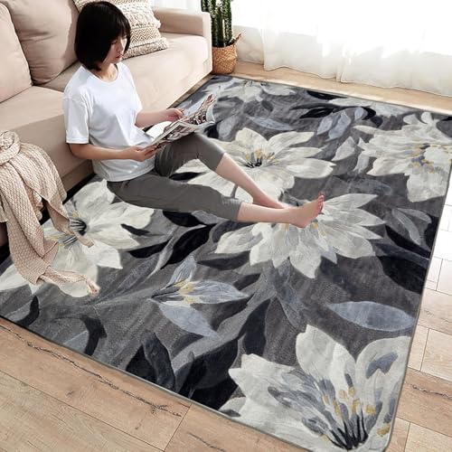 Generisch Rutschfester Teppich Weiße Blumen neutraler,weicher,dünner,großer Teppich,für Schlafzimmer,Wohnzimmer,Badezimmer unter dem Esstisch,Heimbüro-Dekor(Schwarz Weiß)-210x300cm