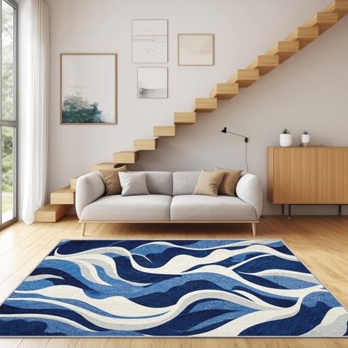 Generisch Abstrakt Blau Weiß Kurzflor Teppich Wohnzimmer 240x300 cm Linien Wellen Teppiche Waschbar Weich - Modern Einfach Carpet Groß für Schlafzimmer und Esszimmer