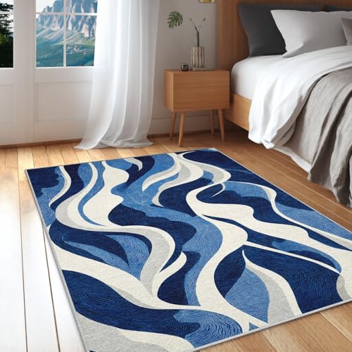 Generisch Abstrakt Blau Weiß Kurzflor Teppich Wohnzimmer 240x300 cm Linien Wellen Teppiche Waschbar Weich - Modern Einfach Carpet Groß für Schlafzimmer und Esszimmer