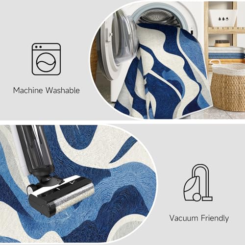 Generisch Abstrakt Blau Weiß Kurzflor Teppich Wohnzimmer 240x300 cm Linien Wellen Teppiche Waschbar Weich - Modern Einfach Carpet Groß für Schlafzimmer und Esszimmer