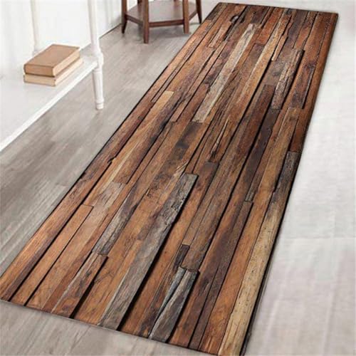 Generisch Rutschfester Küchenläufer 60x180 cm Kreativer Teppich mit Holzmaserung Waschbarer Flurläufer für Eingang Küche & Haushalt Weiche Kinderkrabbelmatte mit Streifenmuster Polyester Bodenmatte