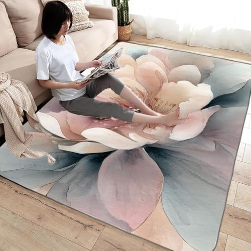 Generisch Flächenteppich für Wohnzimmer Farbiges Peonienmuster weicher,kurzfloriger großer Teppich,Boho-Teppich,für Schlafzimmer,Esszimmer,Küche,Badezimmer(Rosa)-210x270cm