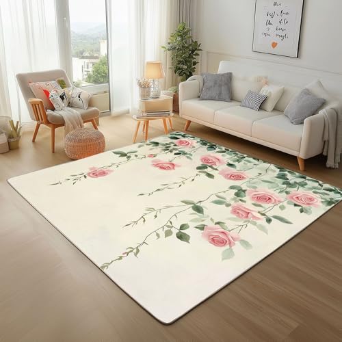 Generisch Pastoral Blumen Teppich 160x230 cm, Romantisch Rose Carpet Waschbar rutschfest Kurzflor, Teppiche Weich für Schlafzimmer, Wohnzimmer, Esszimmer, Kinderzimmer gs1c457