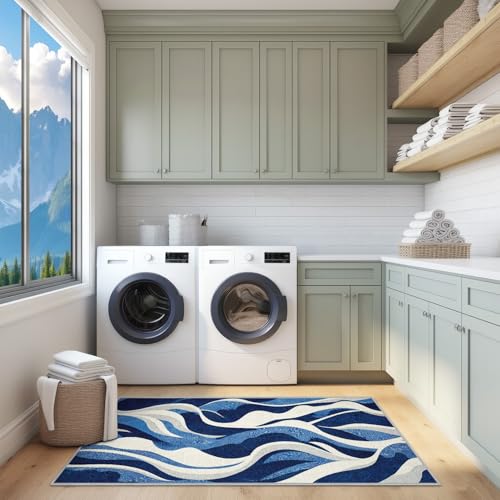 Generisch Abstrakt Blau Weiß Kurzflor Teppich Wohnzimmer 240x300 cm Linien Wellen Teppiche Waschbar Weich - Modern Einfach Carpet Groß für Schlafzimmer und Esszimmer
