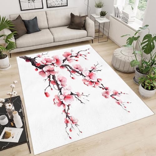 Generisch Teppich Wohnzimmer 180x240 cm 3D Druck Kirschblüten Pflanzen Muster Malerei Kunst Teppich Kaschmirimitat Anti Rutsch Leicht zu reinigen Waschbare Rückseite für Balkone Korridore Restaurants