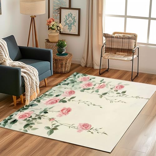 Generisch Pastoral Blumen Teppich 160x230 cm, Romantisch Rose Carpet Waschbar rutschfest Kurzflor, Teppiche Weich für Schlafzimmer, Wohnzimmer, Esszimmer, Kinderzimmer gs1c457