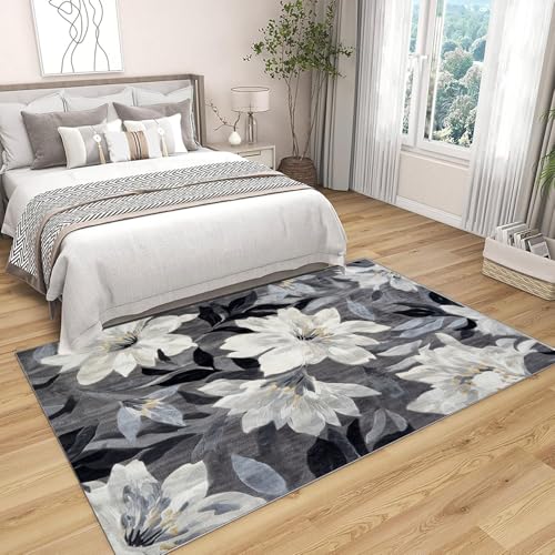 Generisch Rutschfester Teppich Weiße Blumen neutraler,weicher,dünner,großer Teppich,für Schlafzimmer,Wohnzimmer,Badezimmer unter dem Esstisch,Heimbüro-Dekor(Schwarz Weiß)-210x300cm