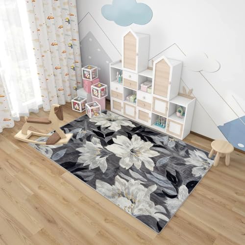 Generisch Rutschfester Teppich Weiße Blumen neutraler,weicher,dünner,großer Teppich,für Schlafzimmer,Wohnzimmer,Badezimmer unter dem Esstisch,Heimbüro-Dekor(Schwarz Weiß)-210x300cm