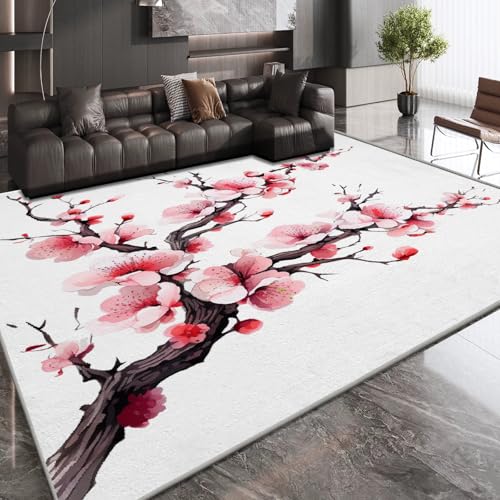 Generisch Teppich Wohnzimmer 180x240 cm 3D Druck Kirschblüten Pflanzen Muster Malerei Kunst Teppich Kaschmirimitat Anti Rutsch Leicht zu reinigen Waschbare Rückseite für Balkone Korridore Restaurants