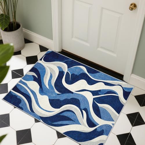 Generisch Abstrakt Blau Weiß Kurzflor Teppich Wohnzimmer 240x300 cm Linien Wellen Teppiche Waschbar Weich - Modern Einfach Carpet Groß für Schlafzimmer und Esszimmer