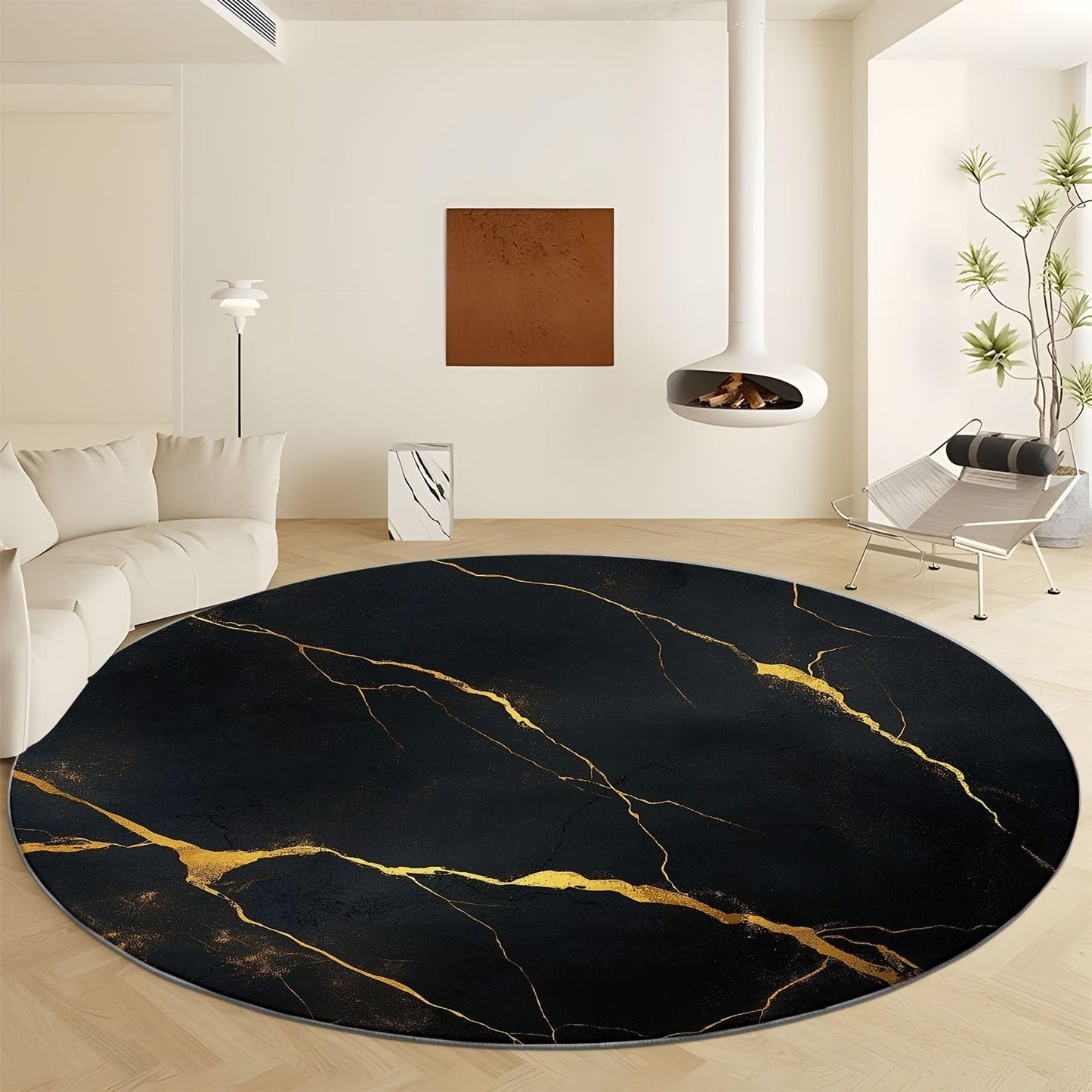 Generisch Rund Teppich Wohnzimmer Luxus-Marmor Schwarz-Gold 200 cm Rund Teppich- Küche Jugendzimmer Esszimmer Flur und Schlafzimmer Rund Teppich Kurzflor Rund Teppich Extra Weich Pflegeleicht