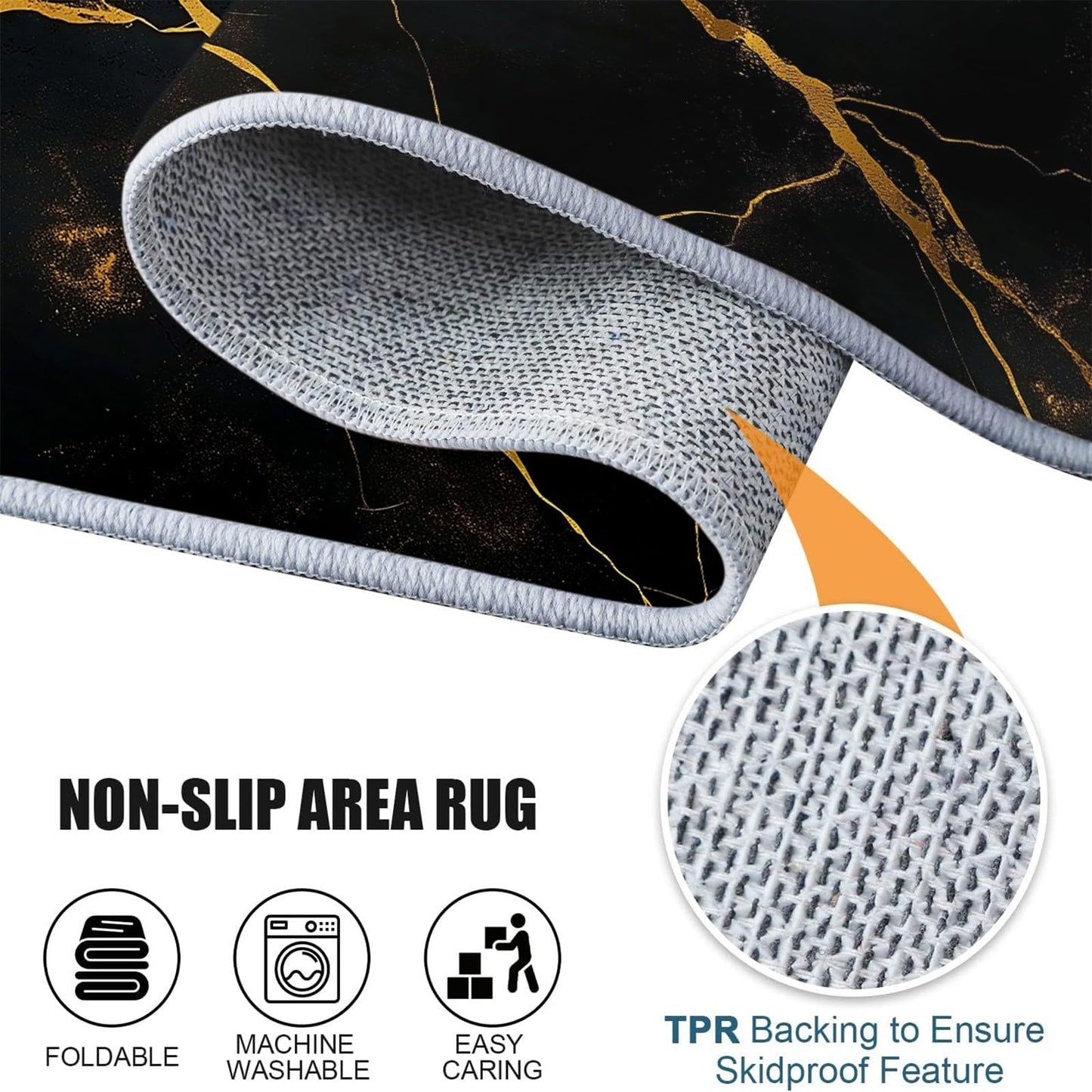 Generisch Rund Teppich Wohnzimmer Luxus-Marmor Schwarz-Gold 200 cm Rund Teppich- Küche Jugendzimmer Esszimmer Flur und Schlafzimmer Rund Teppich Kurzflor Rund Teppich Extra Weich Pflegeleicht