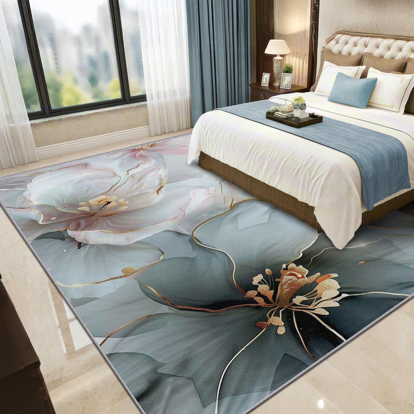 Generisch Blumen Teppich Wohnzimmer 200x300 cm,Modern Luxus Blüten Teppiche Waschbar Für Schlafzimmer,Stylisch Floral Waschbar rutschfest Weich Groß Esszimmer, Rosa Hellblau Golden