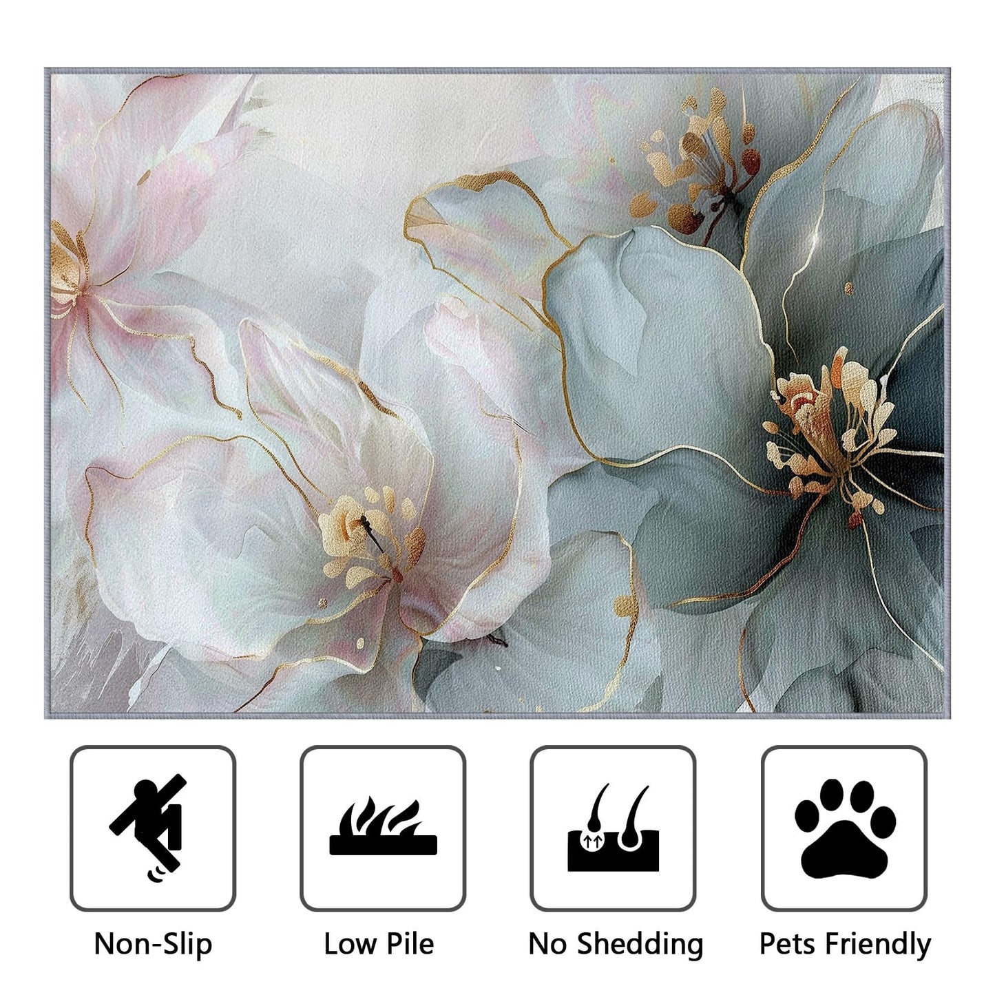 Generisch Blumen Teppich Wohnzimmer 200x300 cm,Modern Luxus Blüten Teppiche Waschbar Für Schlafzimmer,Stylisch Floral Waschbar rutschfest Weich Groß Esszimmer, Rosa Hellblau Golden