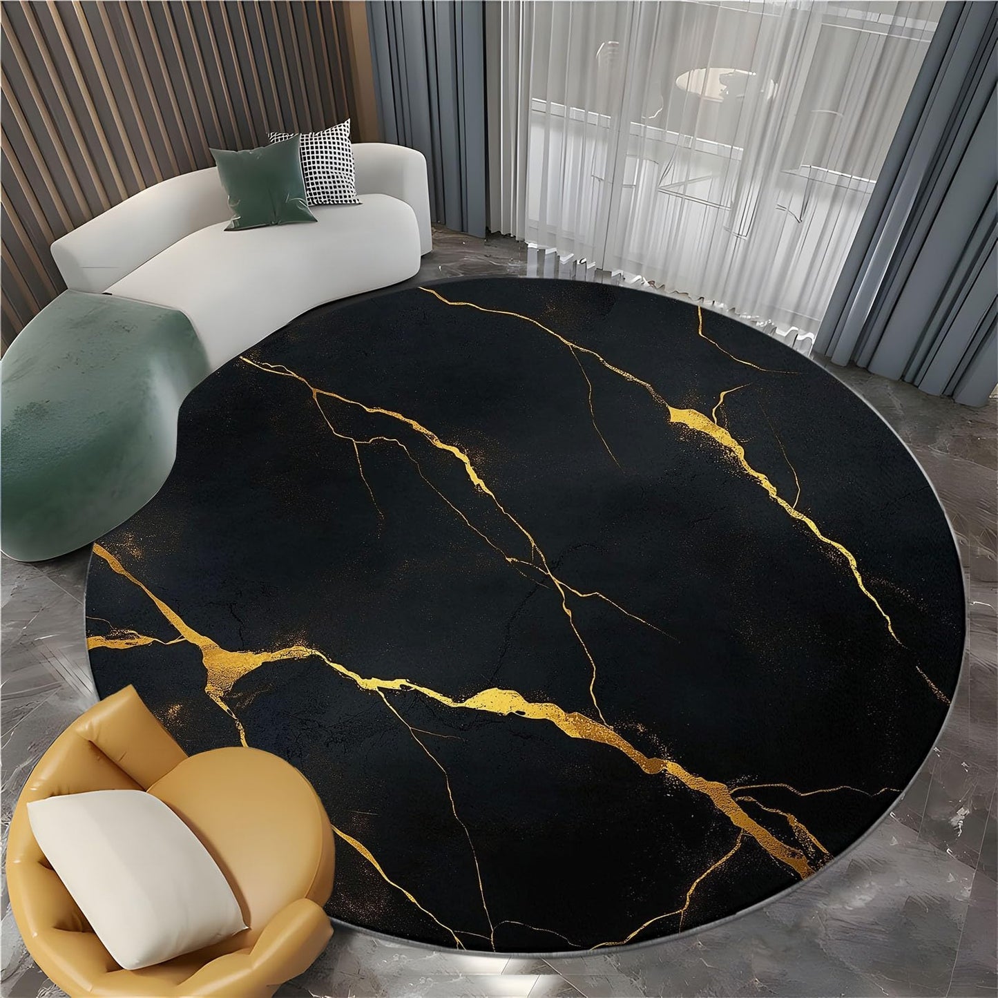 Generisch Rund Teppich Wohnzimmer Luxus-Marmor Schwarz-Gold 200 cm Rund Teppich- Küche Jugendzimmer Esszimmer Flur und Schlafzimmer Rund Teppich Kurzflor Rund Teppich Extra Weich Pflegeleicht