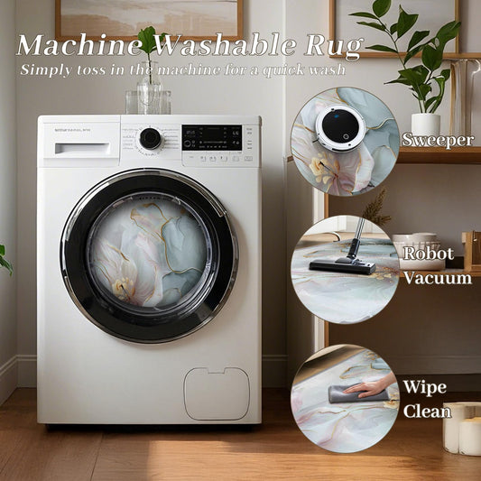 Generisch Blumen Teppich Wohnzimmer 200x300 cm,Modern Luxus Blüten Teppiche Waschbar Für Schlafzimmer,Stylisch Floral Waschbar rutschfest Weich Groß Esszimmer, Rosa Hellblau Golden