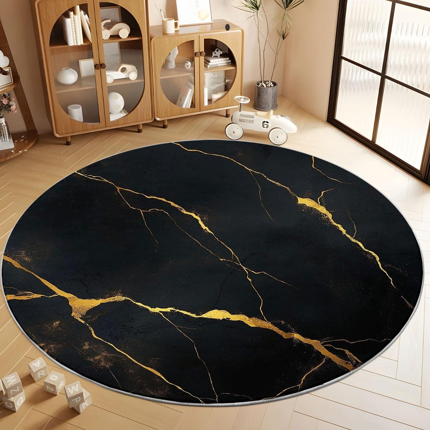 Generisch Rund Teppich Wohnzimmer Luxus-Marmor Schwarz-Gold 200 cm Rund Teppich- Küche Jugendzimmer Esszimmer Flur und Schlafzimmer Rund Teppich Kurzflor Rund Teppich Extra Weich Pflegeleicht