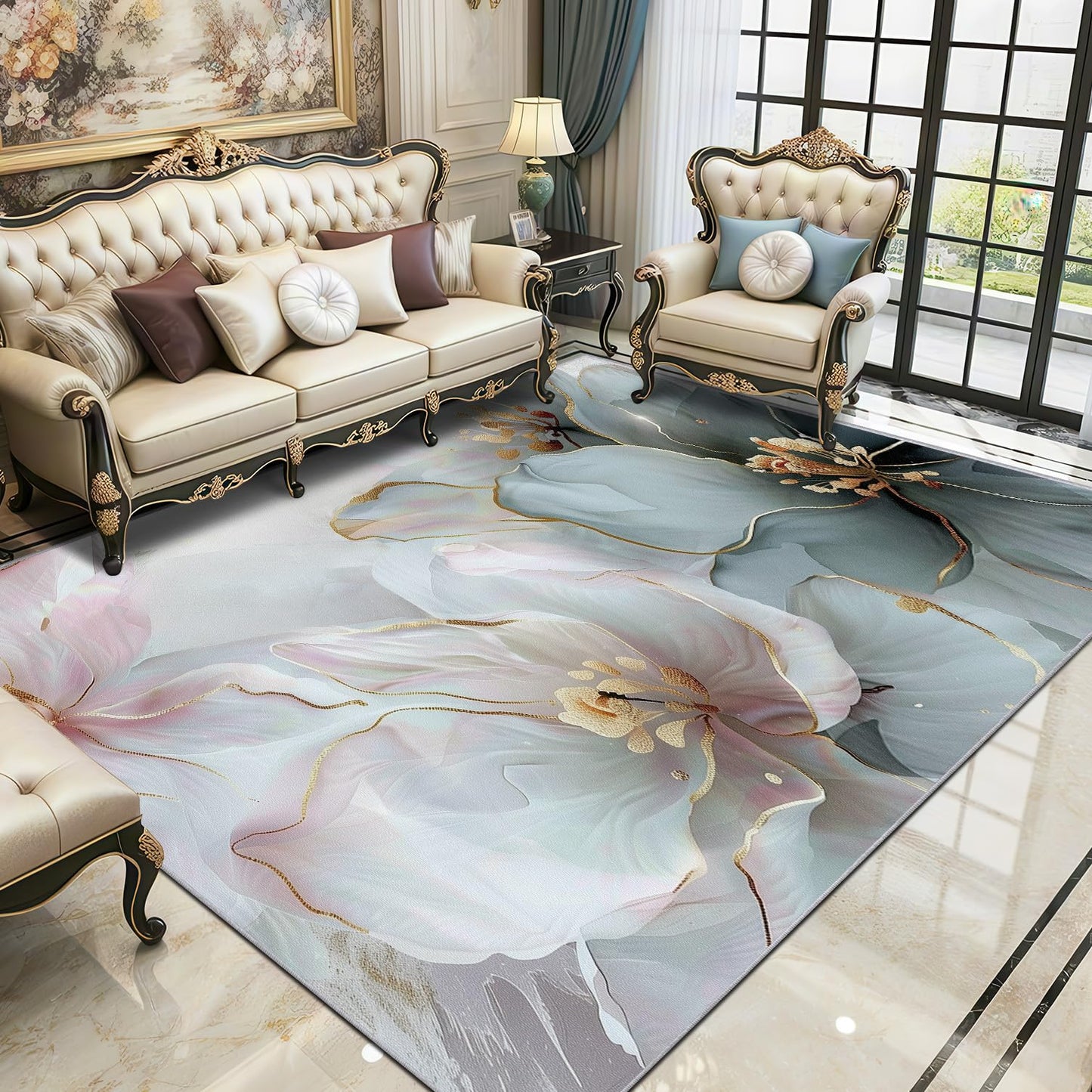 Generisch Blumen Teppich Wohnzimmer 200x300 cm,Modern Luxus Blüten Teppiche Waschbar Für Schlafzimmer,Stylisch Floral Waschbar rutschfest Weich Groß Esszimmer, Rosa Hellblau Golden