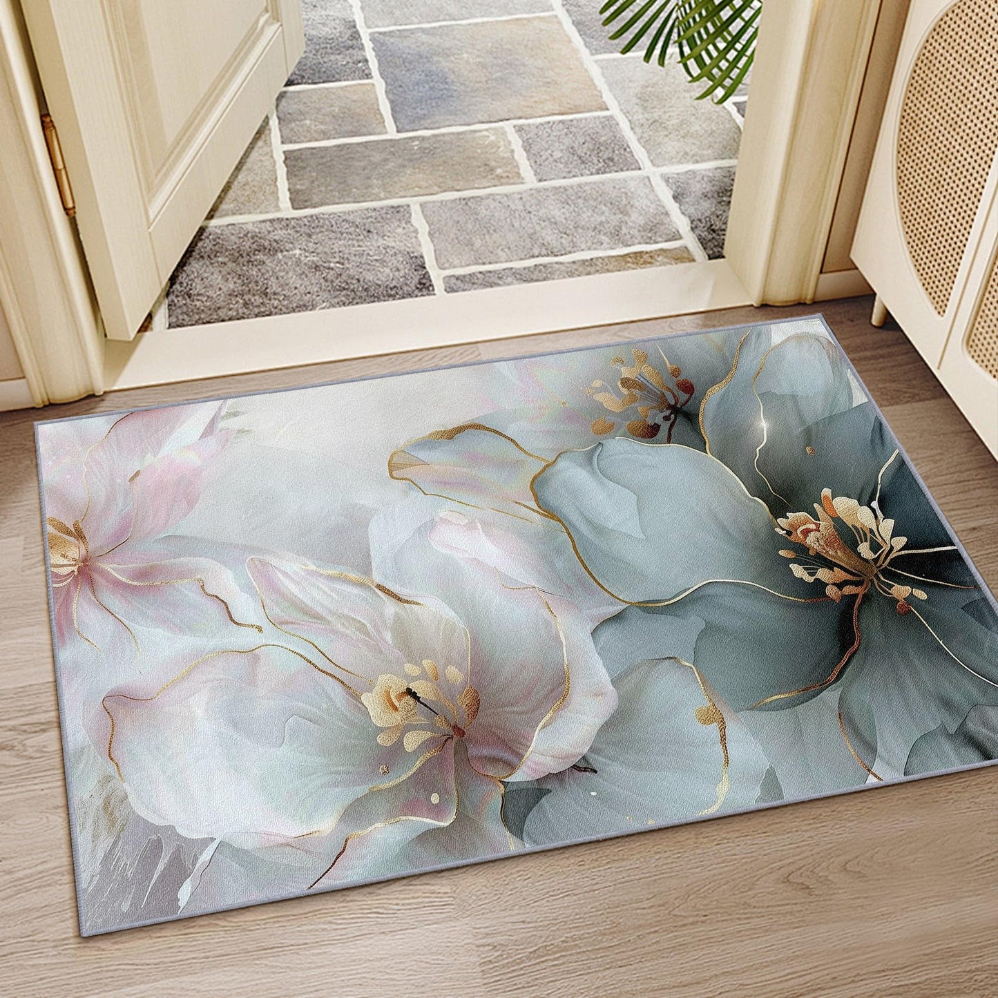 Generisch Blumen Teppich Wohnzimmer 200x300 cm,Modern Luxus Blüten Teppiche Waschbar Für Schlafzimmer,Stylisch Floral Waschbar rutschfest Weich Groß Esszimmer, Rosa Hellblau Golden