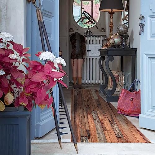 Generisch Rutschfester Küchenläufer 60x180 cm Kreativer Teppich mit Holzmaserung Waschbarer Flurläufer für Eingang Küche & Haushalt Weiche Kinderkrabbelmatte mit Streifenmuster Polyester Bodenmatte