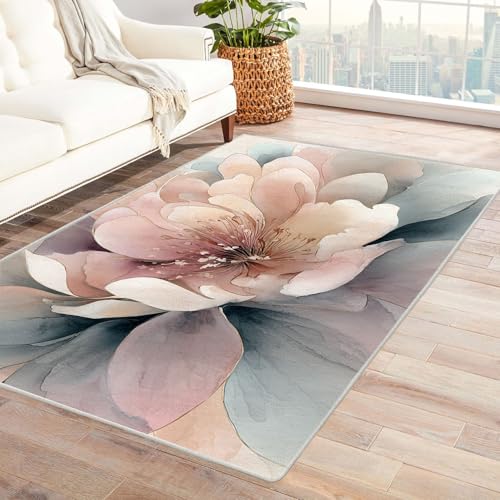 Generisch Flächenteppich für Wohnzimmer Farbiges Peonienmuster weicher,kurzfloriger großer Teppich,Boho-Teppich,für Schlafzimmer,Esszimmer,Küche,Badezimmer(Rosa)-210x270cm