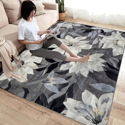 Generisch Rutschfester Teppich Weiße Blumen neutraler,weicher,dünner,großer Teppich,für Schlafzimmer,Wohnzimmer,Badezimmer unter dem Esstisch,Heimbüro-Dekor(Schwarz Weiß)-210x300cm