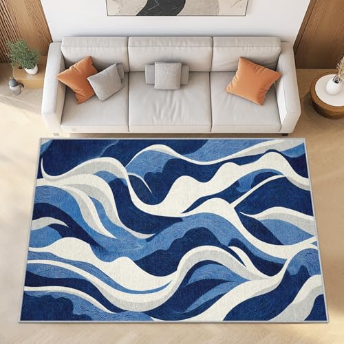 Generisch Abstrakt Blau Weiß Kurzflor Teppich Wohnzimmer 240x300 cm Linien Wellen Teppiche Waschbar Weich - Modern Einfach Carpet Groß für Schlafzimmer und Esszimmer