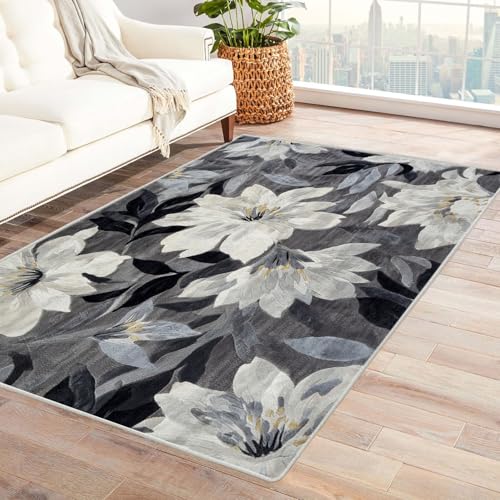 Generisch Rutschfester Teppich Weiße Blumen neutraler,weicher,dünner,großer Teppich,für Schlafzimmer,Wohnzimmer,Badezimmer unter dem Esstisch,Heimbüro-Dekor(Schwarz Weiß)-210x300cm
