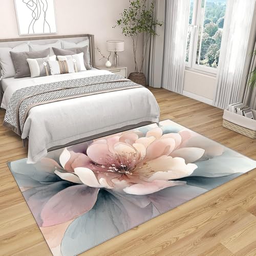 Generisch Flächenteppich für Wohnzimmer Farbiges Peonienmuster weicher,kurzfloriger großer Teppich,Boho-Teppich,für Schlafzimmer,Esszimmer,Küche,Badezimmer(Rosa)-210x270cm