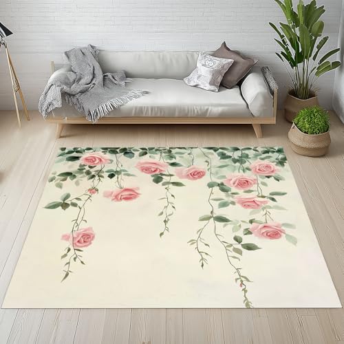 Generisch Pastoral Blumen Teppich 160x230 cm, Romantisch Rose Carpet Waschbar rutschfest Kurzflor, Teppiche Weich für Schlafzimmer, Wohnzimmer, Esszimmer, Kinderzimmer gs1c457