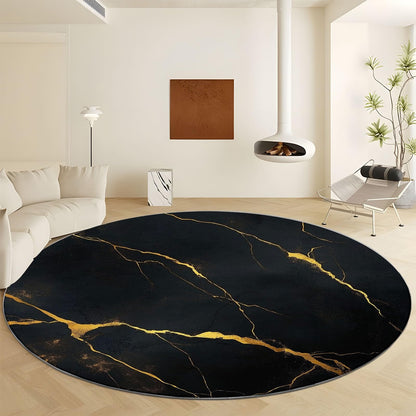 Generisch Rund Teppich Wohnzimmer Luxus-Marmor Schwarz-Gold 200 cm Rund Teppich- Küche Jugendzimmer Esszimmer Flur und Schlafzimmer Rund Teppich Kurzflor Rund Teppich Extra Weich Pflegeleicht