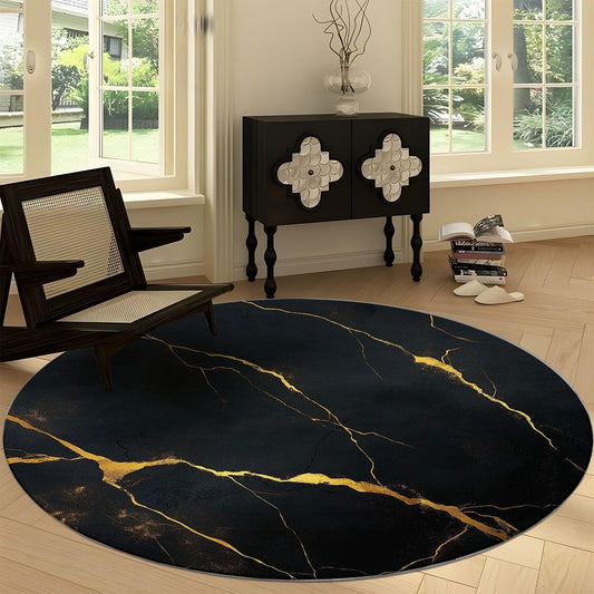 Generisch Rund Teppich Wohnzimmer Luxus-Marmor Schwarz-Gold 200 cm Rund Teppich- Küche Jugendzimmer Esszimmer Flur und Schlafzimmer Rund Teppich Kurzflor Rund Teppich Extra Weich Pflegeleicht