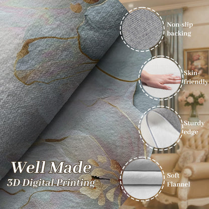 Generisch Blumen Teppich Wohnzimmer 200x300 cm,Modern Luxus Blüten Teppiche Waschbar Für Schlafzimmer,Stylisch Floral Waschbar rutschfest Weich Groß Esszimmer, Rosa Hellblau Golden