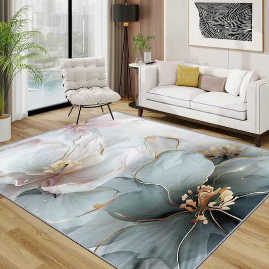Generisch Blumen Teppich Wohnzimmer 200x300 cm,Modern Luxus Blüten Teppiche Waschbar Für Schlafzimmer,Stylisch Floral Waschbar rutschfest Weich Groß Esszimmer, Rosa Hellblau Golden